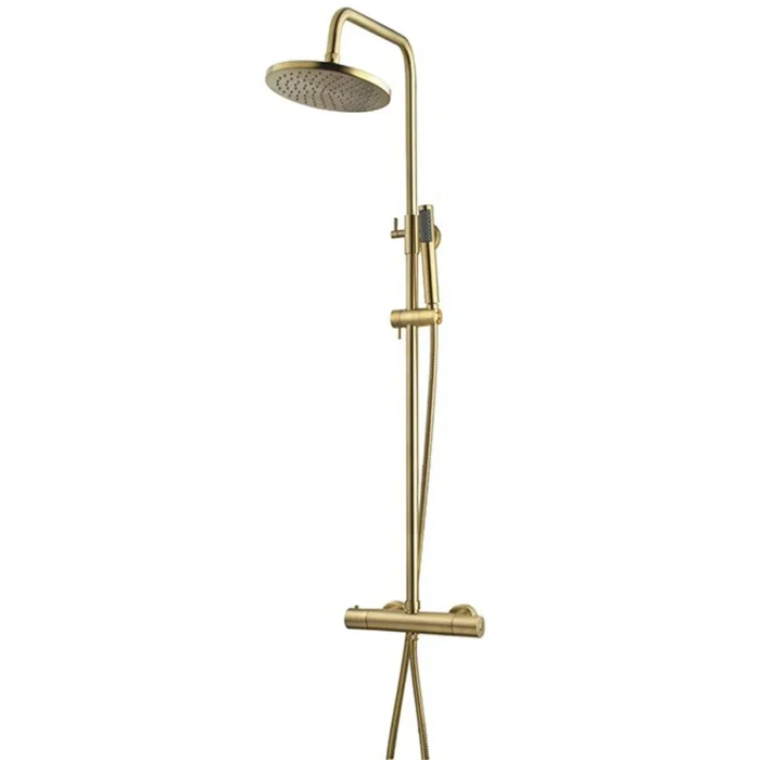 Wiesbaden Caral Thermostatische Regendoucheset - met 25cm Ronde Hoofddouche en Staafhanddouche - Opbouw - Geborsteld Messing