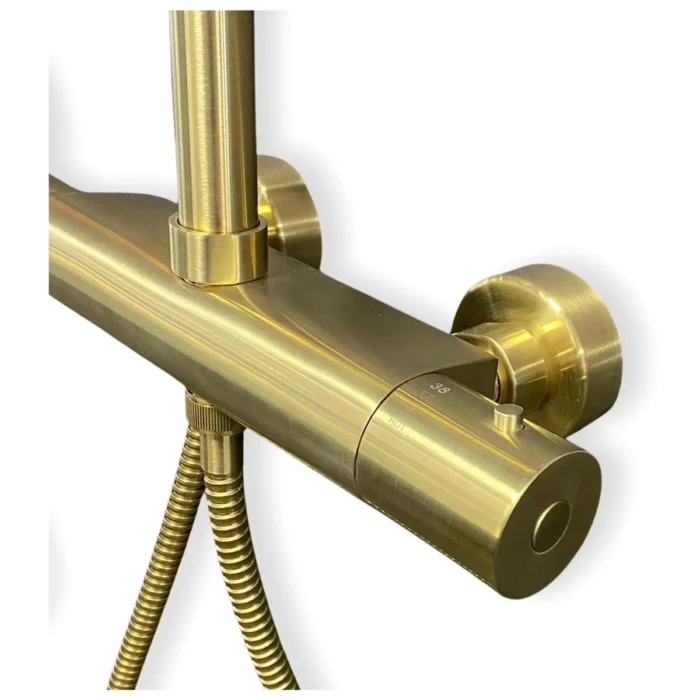 Wiesbaden Caral Thermostatische Regendoucheset - met 25cm Ronde Hoofddouche en Staafhanddouche - Opbouw - Geborsteld Messing