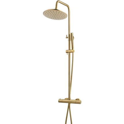 Wiesbaden Caral Thermostatische Regendoucheset - met 25cm Ronde Hoofddouche en Staafhanddouche - Opbouw - Geborsteld Messing