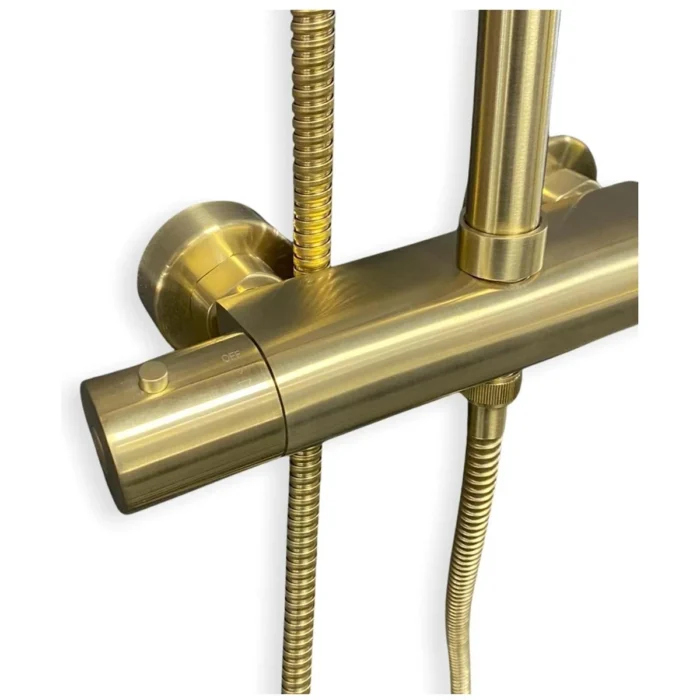 Wiesbaden Caral Thermostatische Regendoucheset - met 25cm Ronde Hoofddouche en Staafhanddouche - Opbouw - Geborsteld Messing