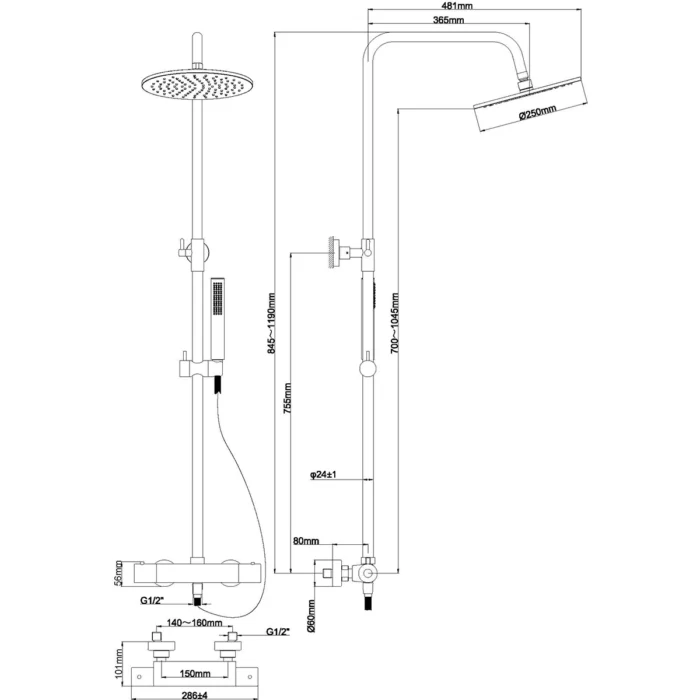 Wiesbaden Caral Thermostatische Regendoucheset - met 25cm Ronde Hoofddouche en Staafhanddouche - Opbouw - Geborsteld Messing