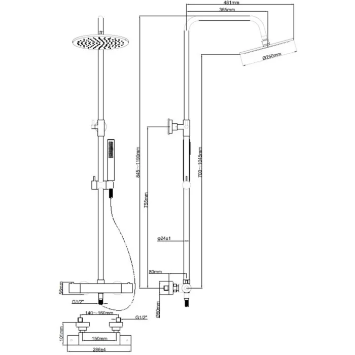 Wiesbaden Caral Thermostatische Regendoucheset - met 25cm Ronde Hoofddouche en Staafhanddouche - Opbouw - Geborsteld Staal
