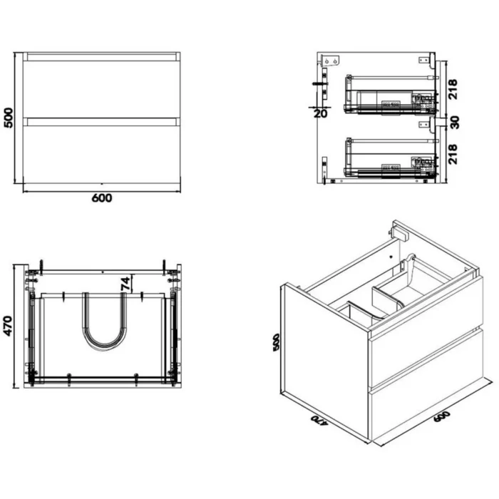 Wiesbaden Vision Badmeubelset - 60x46cm - 2 lades - 1 kraangat - Kunstmarmer - Glans Wit