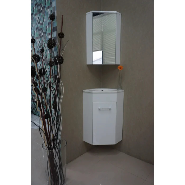 Xellanz Lena Hoek Fonteinkast + Wastafel en Spiegelkast - 50x40x25cm - 1 minermaalmarmeren wasbak - 1 kraangat - 1 lade - Glans Wit
