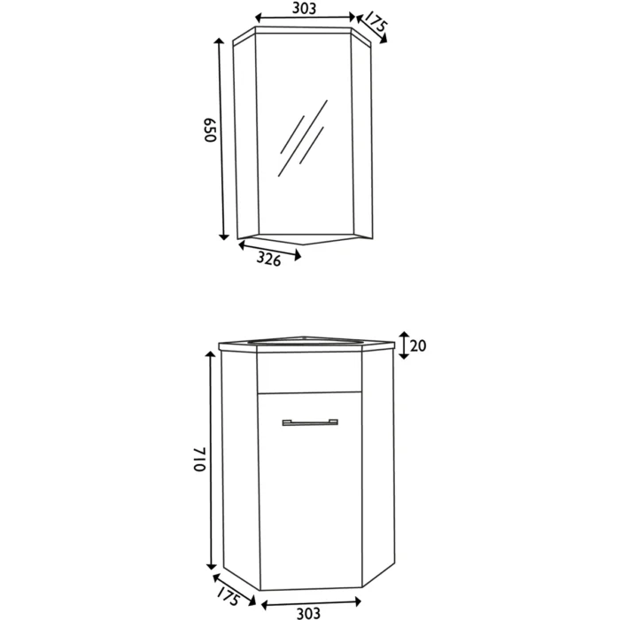 Xellanz Lena Hoek Fonteinkast + Wastafel en Spiegelkast - 50x40x25cm - 1 minermaalmarmeren wasbak - 1 kraangat - 1 lade - Glans Wit