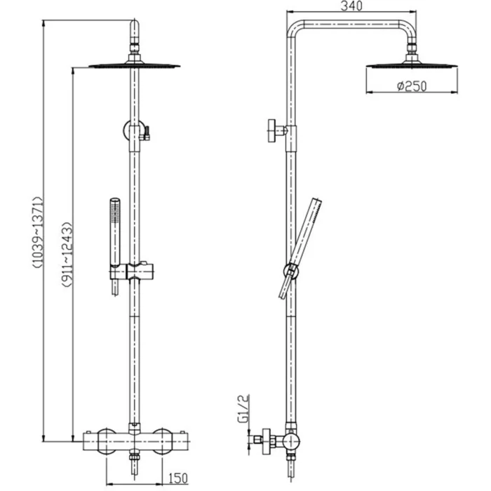 Wiesbaden 304 Thermostatische Regendoucheset - met 25cm Ronde Hoofddouche en Staafhanddouche - Opbouw - Mat Zwart