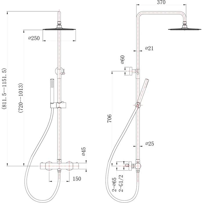 Wiesbaden 304 Thermostatische Regendoucheset - met 25cm Ronde Hoofddouche en Staafhanddouche - Opbouw - RVS
