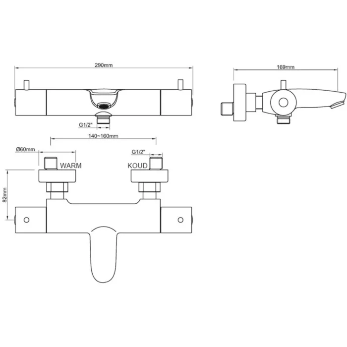 Wiesbaden Caral Thermostatische Badmengkraan - Hartafstand 15cm - Opbouw - Messing - Chroom