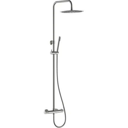 Wiesbaden Ribbd Thermostatische Regendoucheset - met 25cm Ronde Hoofddouche en Handdouche - Opbouw - Geborsteld Staal
