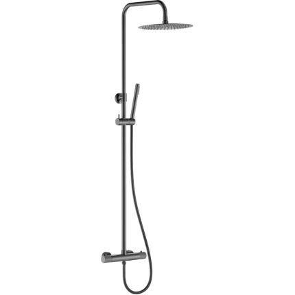 Wiesbaden Ribbd Thermostatische Regendoucheset - met 25cm Ronde Hoofddouche en Handdouche - Opbouw - Gunmetal