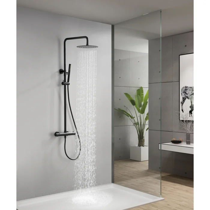 Wiesbaden Ribbd Thermostatische Regendoucheset - met 25cm Ronde Hoofddouche en Handdouche - Opbouw - Mat Zwart