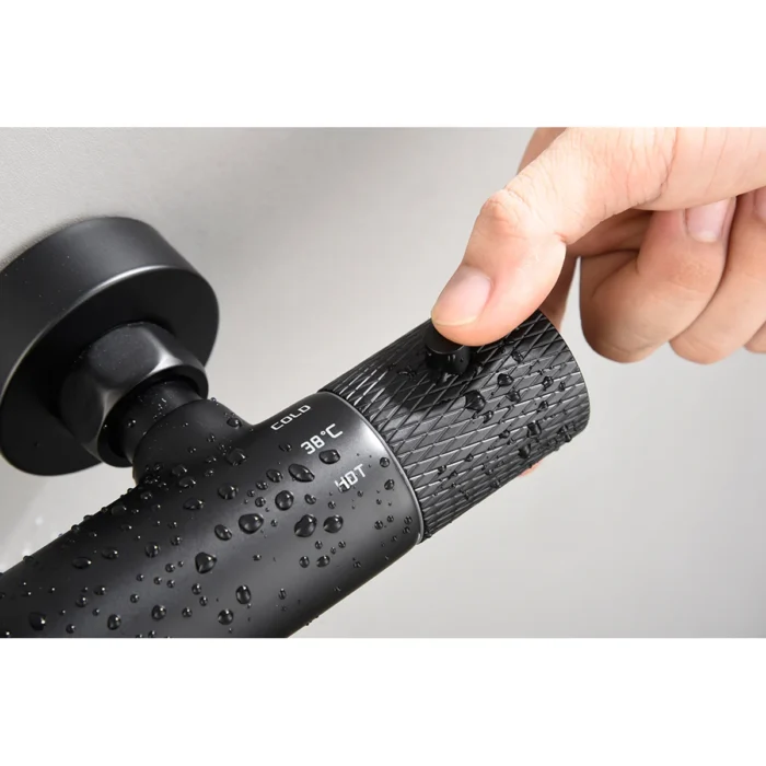 Wiesbaden Ribbd Thermostatische Regendoucheset - met 25cm Ronde Hoofddouche en Handdouche - Opbouw - Mat Zwart