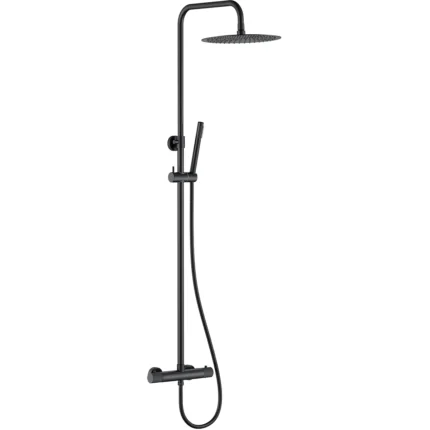 Wiesbaden Ribbd Thermostatische Regendoucheset - met 25cm Ronde Hoofddouche en Handdouche - Opbouw - Mat Zwart