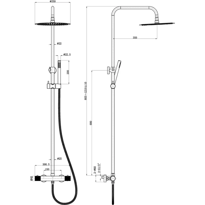 Wiesbaden Ribbd Thermostatische Regendoucheset - met 25cm Ronde Hoofddouche en Handdouche - Opbouw - Mat Zwart