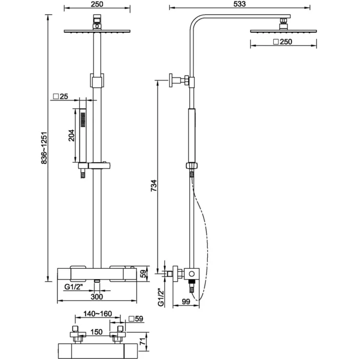 Wiesbaden Rombo Thermostatische Regendoucheset - met 25cm Vierkante Hoofddouche en Staafhanddouche - Opbouw - Chroom