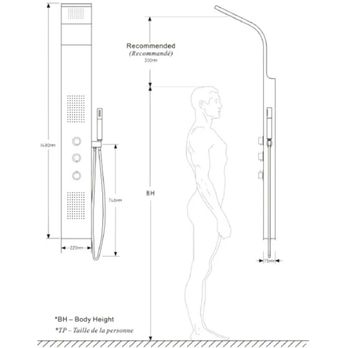 Xellanz Erie Thermostatische Douchepaneel - 148x22cm - 1 Hoofddouche - 2 Massagedouches - 1 Chromen Handdouche - 1 Chromen Doucheslang - RVS