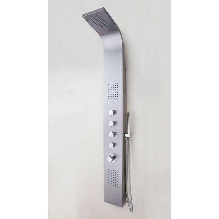 Xellanz Huron Thermostatische Douchepaneel - 165x20cm - 1 Hoofddouche - 2 Massagedouches - 4 Omstelknoppen - 1 Chromen Handdouche - 1 Chromen Doucheslang - RVS