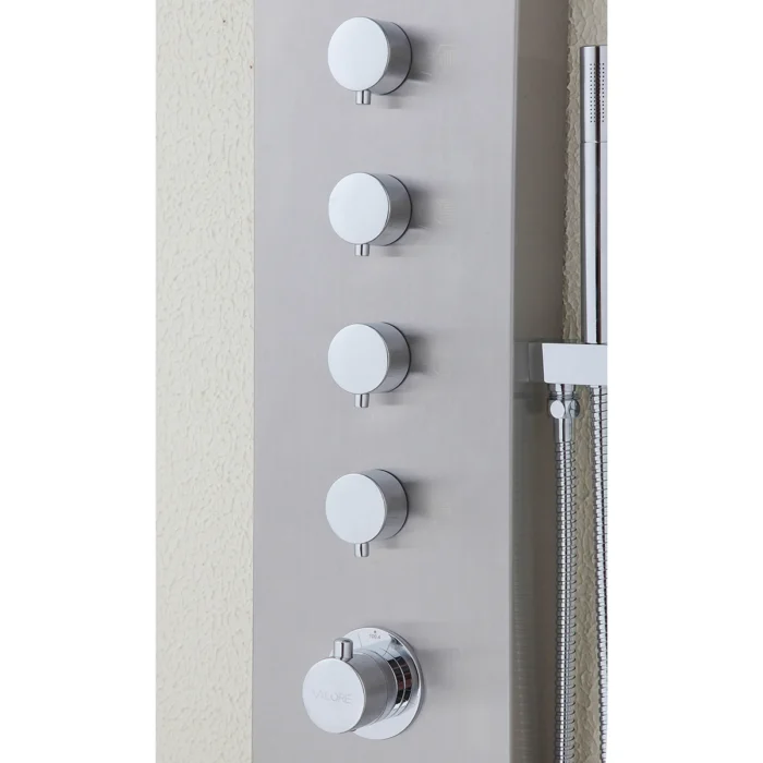 Xellanz Huron Thermostatische Douchepaneel - 165x20cm - 1 Hoofddouche - 2 Massagedouches - 4 Omstelknoppen - 1 Chromen Handdouche - 1 Chromen Doucheslang - RVS