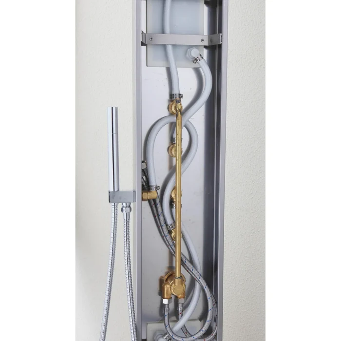 Xellanz Huron Thermostatische Douchepaneel - 165x20cm - 1 Hoofddouche - 2 Massagedouches - 4 Omstelknoppen - 1 Chromen Handdouche - 1 Chromen Doucheslang - RVS