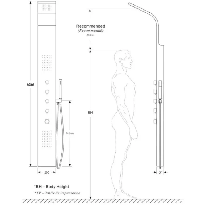 Xellanz Huron Thermostatische Douchepaneel - 165x20cm - 1 Hoofddouche - 2 Massagedouches - 4 Omstelknoppen - 1 Chromen Handdouche - 1 Chromen Doucheslang - RVS
