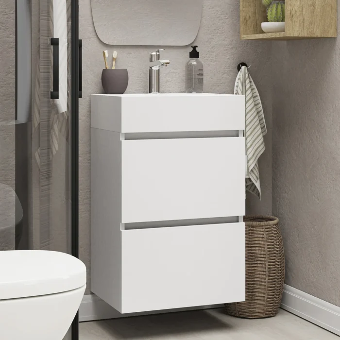Xellanz Mini Wastafelonderkast - 45x35.1x72.2cm - 2 lades - 1 kraangat - MDF - Greeploos - Glans Wit