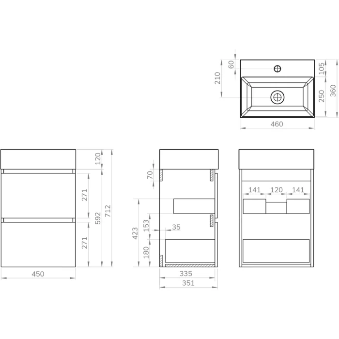 Xellanz Mini Wastafelonderkast - 45x35.1x72.2cm - 2 lades - 1 kraangat - MDF - Greeploos - Glans Wit