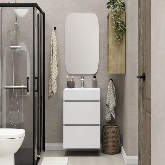 Xellanz Mini Wastafelonderkast met Spiegel - 45x35.1x72.2cm - 2 lades - 1 kraangat - MDF - Greeploos - Glans Wit