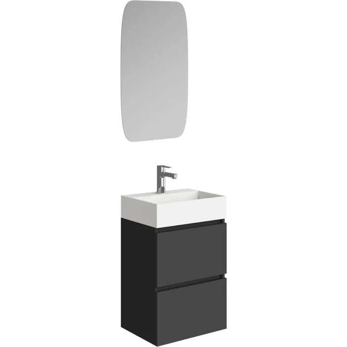 Xellanz Mini Wastafelonderkast met Spiegel - 45x35.1x72.2cm - 2 lades - 1 kraangat - MDF - Greeploos - Mat Zwart