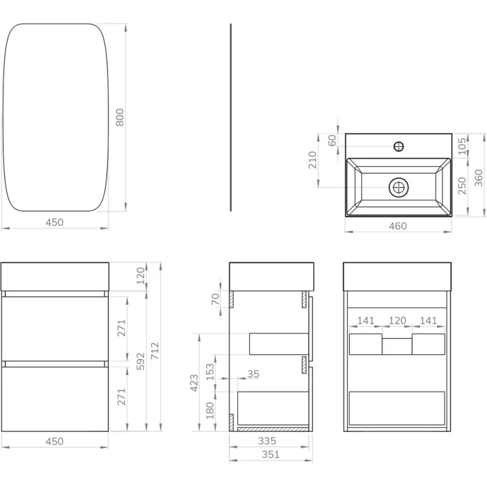 Xellanz Mini Wastafelonderkast met Spiegel - 45x35.1x72.2cm - 2 lades - 1 kraangat - MDF - Greeploos - Mat Zwart