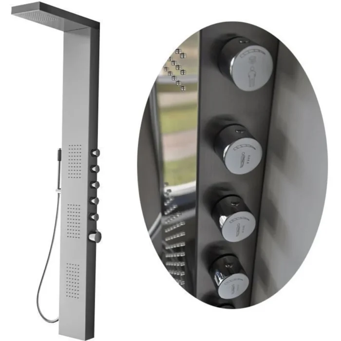 Xellanz Ohio Thermostatische Douchepaneel - 158x20cm - 1 Hoofddouche - 3 Massagedouches - 5 Stopkranen - 1 Chromen Handdouche - 1 Chromen Doucheslang - RVS