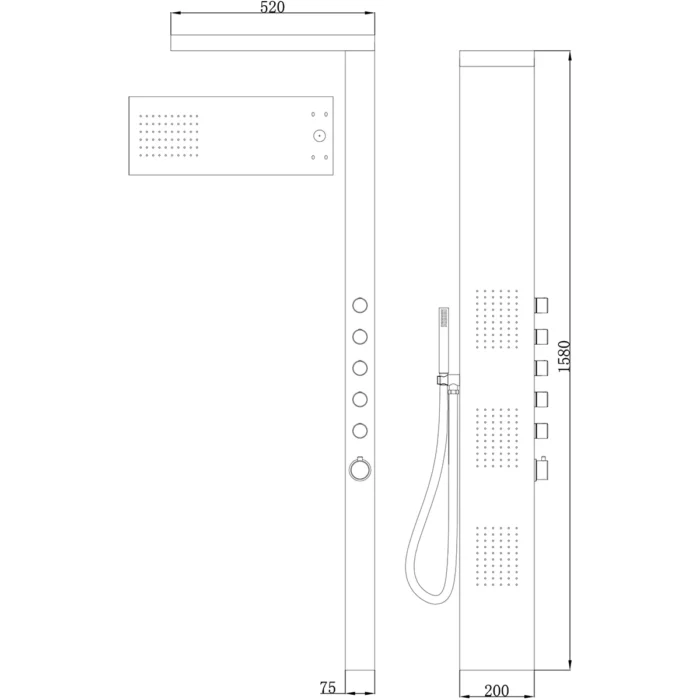 Xellanz Ohio Thermostatische Douchepaneel - 158x20cm - 1 Hoofddouche - 3 Massagedouches - 5 Stopkranen - 1 Chromen Handdouche - 1 Chromen Doucheslang - RVS