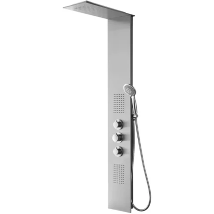 Xellanz Ontario Thermostatische Douchepaneel – 150x22cm – 1 Hoofddouche – 2 Massagedouches – 3 Omstelknoppen – 1 Chromen Handdouche – 1 Chromen Doucheslang – RVS