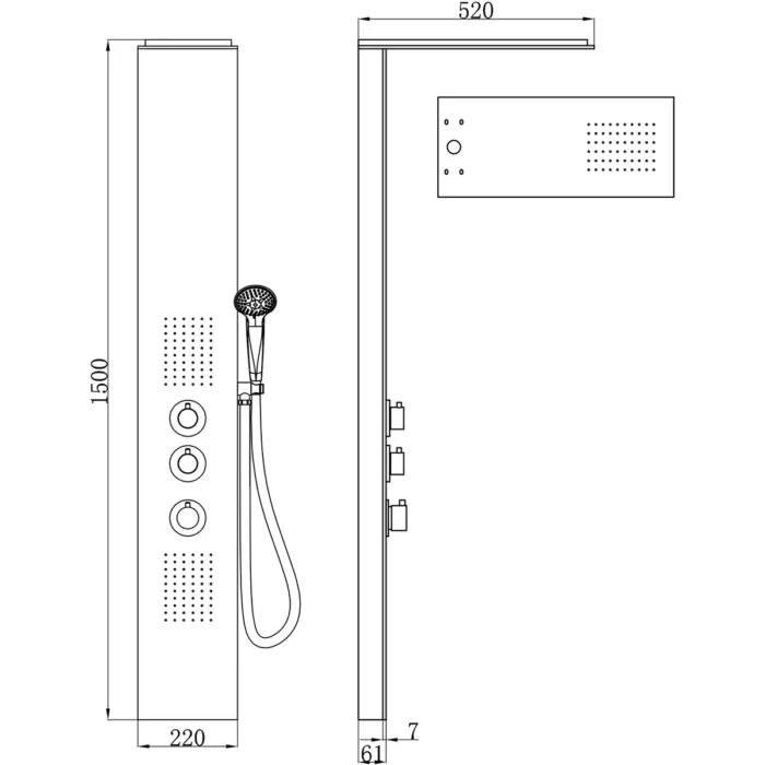 Xellanz Ontario Thermostatische Douchepaneel – 150x22cm – 1 Hoofddouche – 2 Massagedouches – 3 Omstelknoppen – 1 Chromen Handdouche – 1 Chromen Doucheslang – RVS