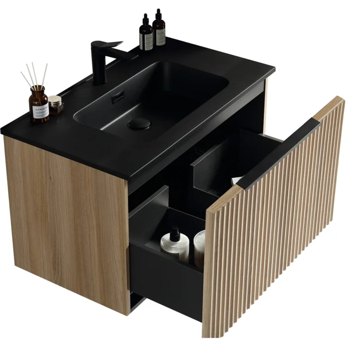 Xellanz Ribbella Compleet Badmeubelset - 100cm - 1 lade - 1 kraangat - Natural Eik/Mat Zwart