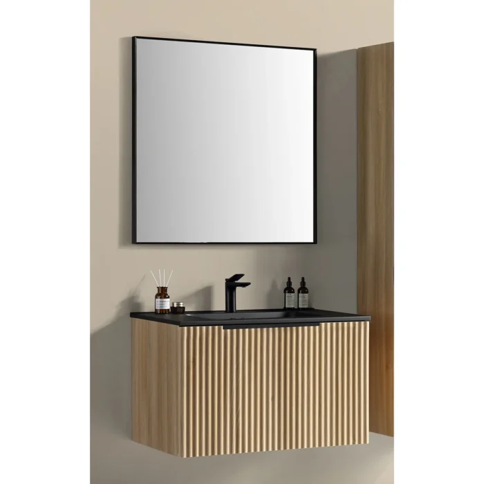 Xellanz Ribbella Compleet Badmeubelset - 100cm - 1 lade - 1 kraangat - Natural Eik/Mat Zwart