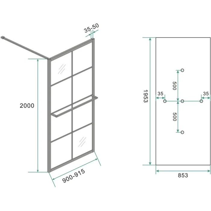 Wiesbaden Maaz Inloopdouche met Raster en Handdoekhouder - 900x2000x10mm - Profiel - Helder Glas/Mat Zwart
