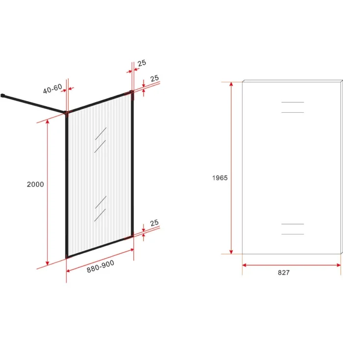 Wiesbaden Square Inloopdouche - 900x2000x8mm - Profiel - NANO - Geribbeld Helder Glas/Mat Zwart