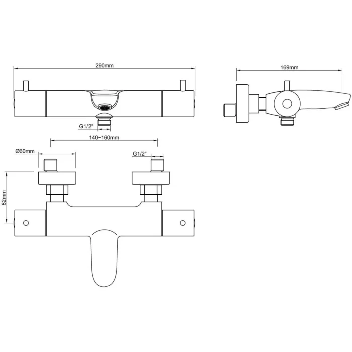 Wiesbaden Caral Thermostatische Badmengkraan - Hartafstand 15cm - Opbouw - Messing - Mat Zwart