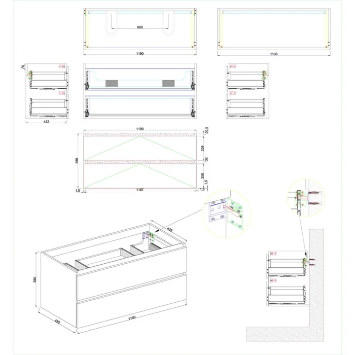 Wiesbaden Marmaris Wastafelonderkast - 120x45cm - 2 lades - 2 uitsparingen - MDF - Softclose - Mat Zwart