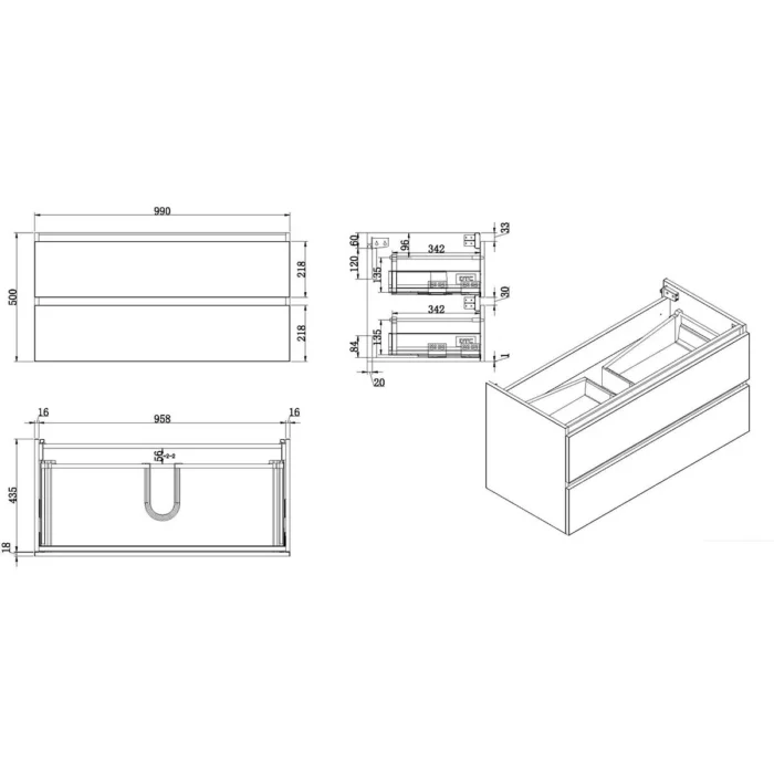 Wiesbaden Vision Wastafelonderkast - 100x46cm - 2 lades - MDF - Hoogglans Grijs