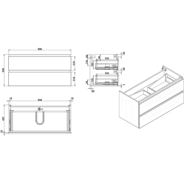 Wiesbaden Vision Wastafelonderkast - 100x46cm - 2 lades - MDF - Houtnerf Grijs