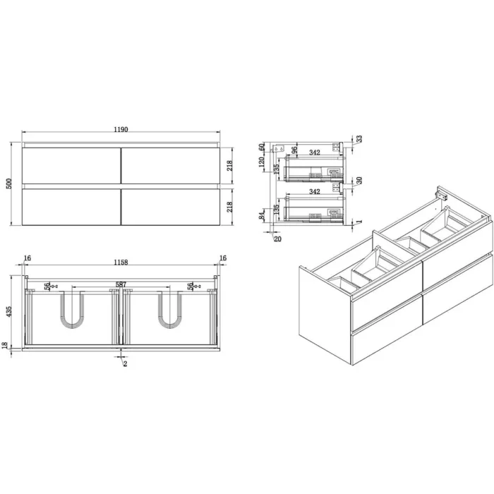 Wiesbaden Vision Wastafelonderkast - 120x46cm - 4 lades - 2 uitsparingen - MDF - Glans Wit