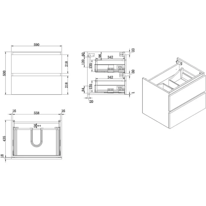 Wiesbaden Vision Wastafelonderkast - 60x46cm - 2 lades - MDF - Glans Wit