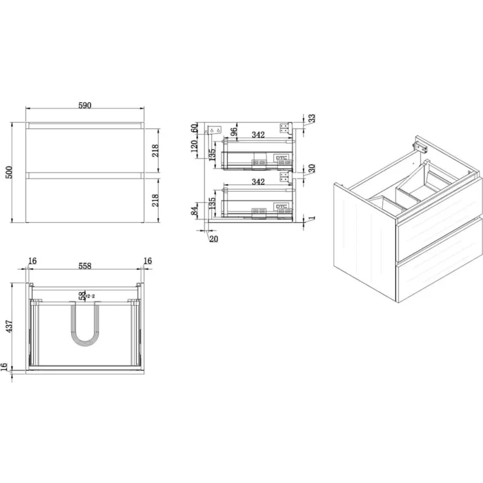 Wiesbaden Vision Wastafelonderkast - 60x46cm - 2 lades - MDF - Houtnerf Grijs