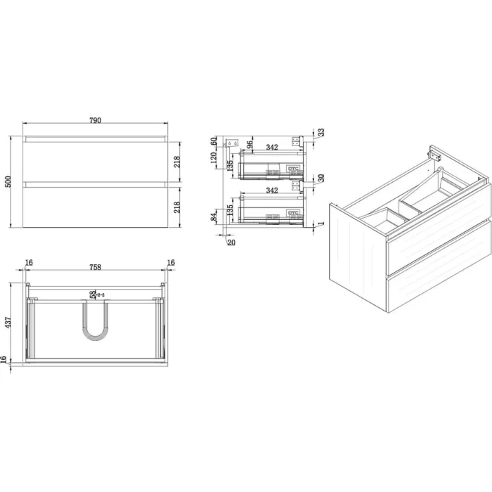Wiesbaden Vision Wastafelonderkast - 80x46cm - 2 lades - MDF - Houtnerf Grijs