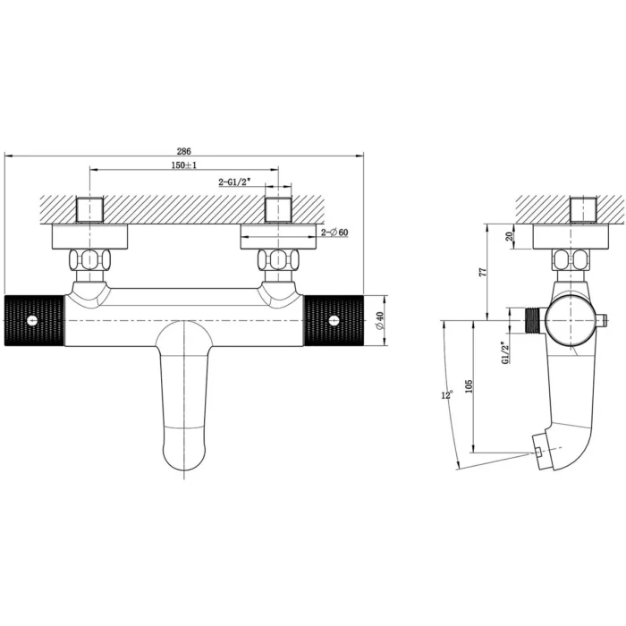 Wiesbaden Ribbd Thermostatische Badmengkraan - Hartafstand 15cm - Opbouw - Messing - Mat Zwart